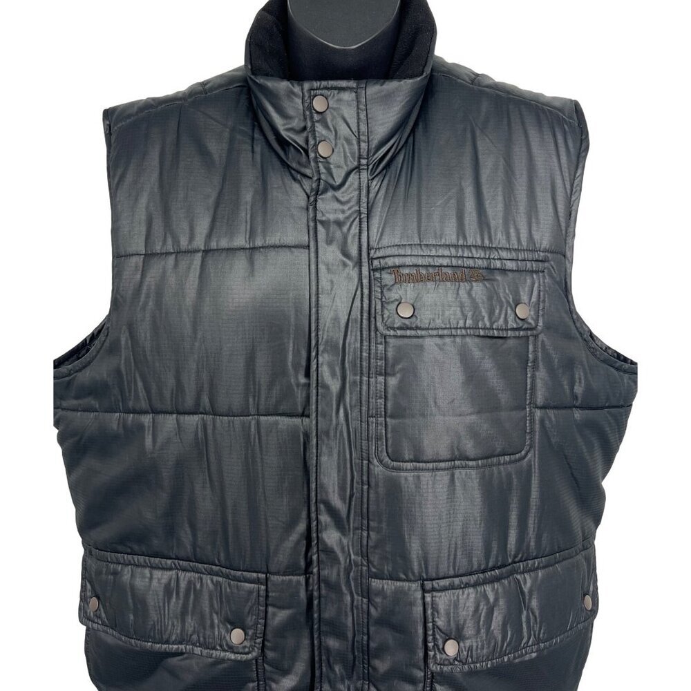 Timberland Men Blue Quilt Puffer Vest Medium Snap Button Pockets Sleeveless EUC - Picture 2 of 10